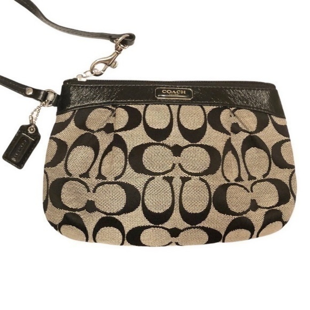Coach signature c leather black gray wristlet bag - Picture 1 of 7